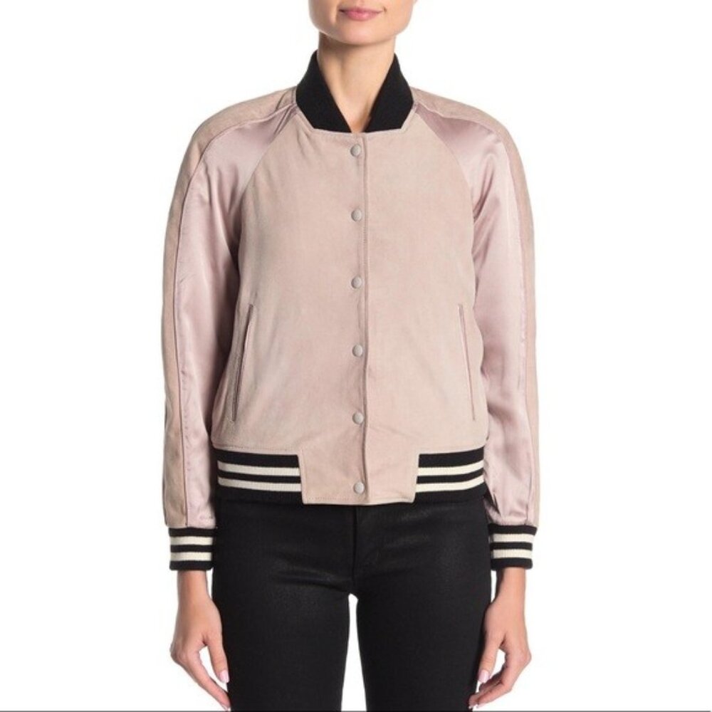 All Saints Gresley Suede Satin Bomber Jacket Pink
